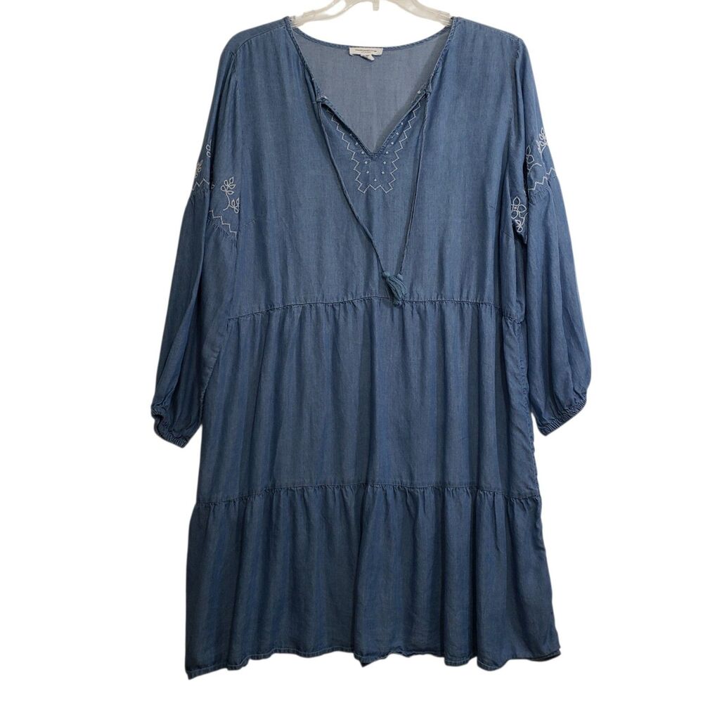 BeachLunchLounge Women's XXL Denim Style Tiered Tassel V-Neck Long Sleeve Dress